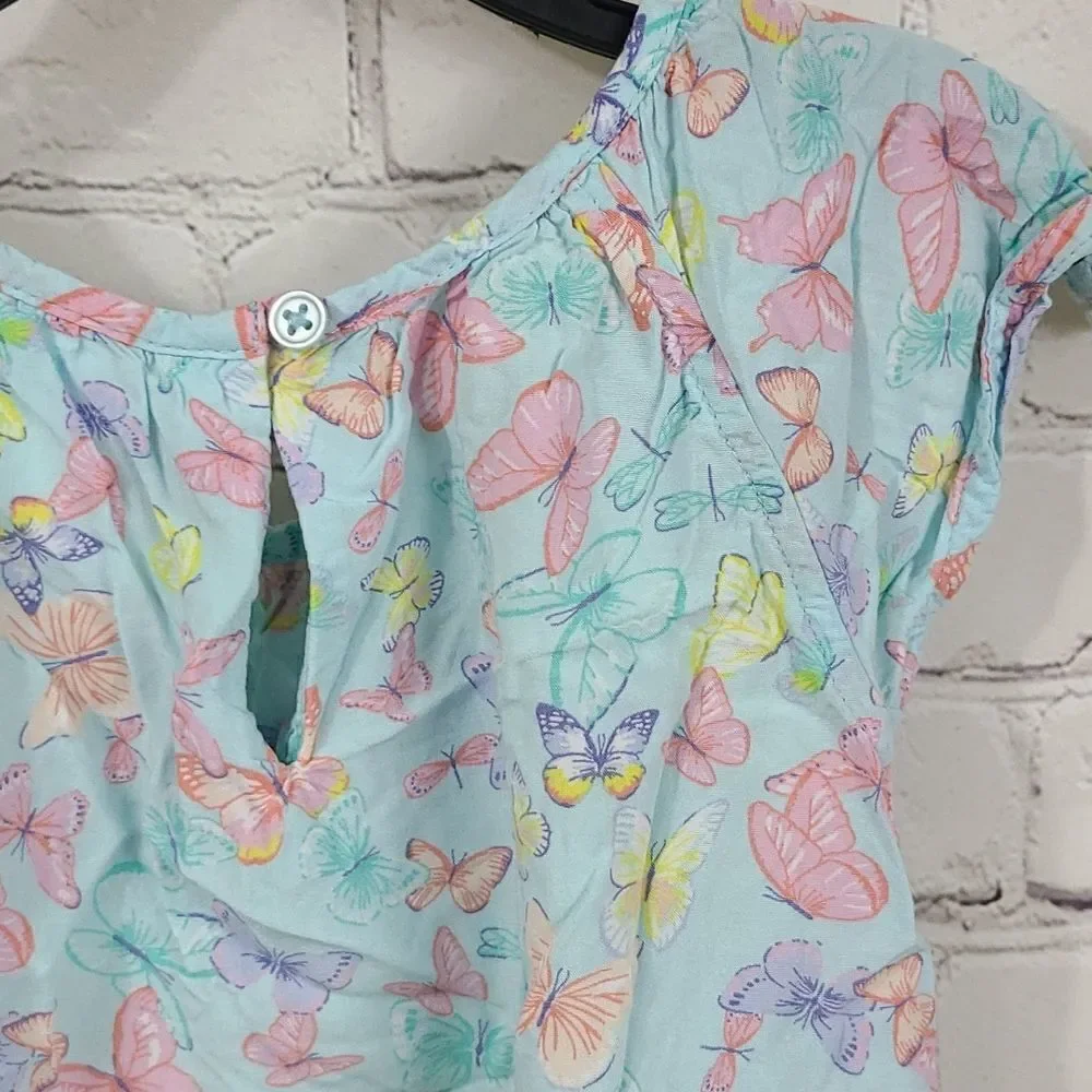 Carter's Blue Butterfly Print Top Pom Flutter Sleeve Shirt Pastel Aqua Blouse